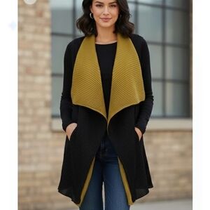 Reversible Black & Olive Green Accordion Pleat Waterfall Tunic Vest One Size